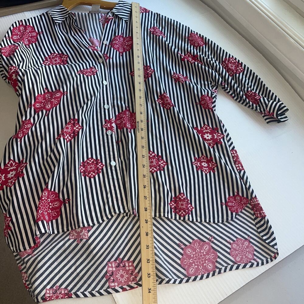 Chicos Sz 3 XL Black White Stripe Button Up Shirt Tunic Blouse Classic Rose Red - Picture 9 of 11